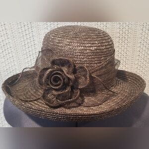 Vintage Setmar New York Ladies Brown Straw Dress Church Hat w/Flower Accent